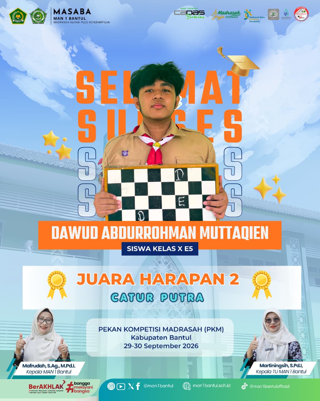 Dawud Abdurrohman Muttaqien Raih Juara Harapan 2 Catur Putra PKM Bantul 2026