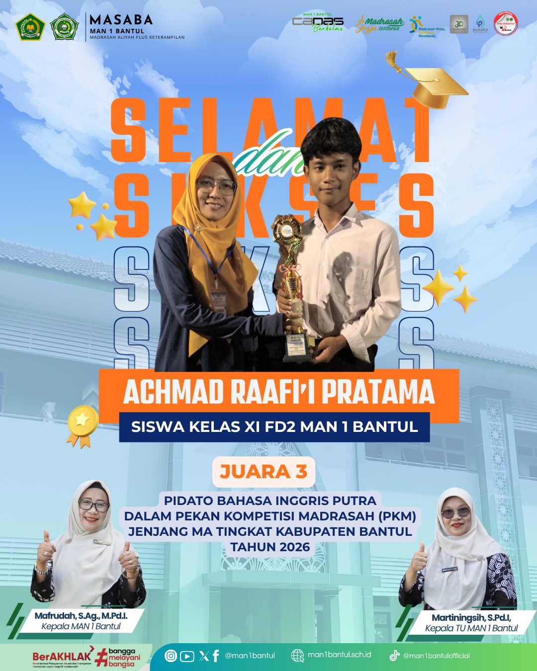 Achmad Raafii Pratama Raih Juara 3 Pidato Bahasa Inggris Putra PKM Bantul 2026