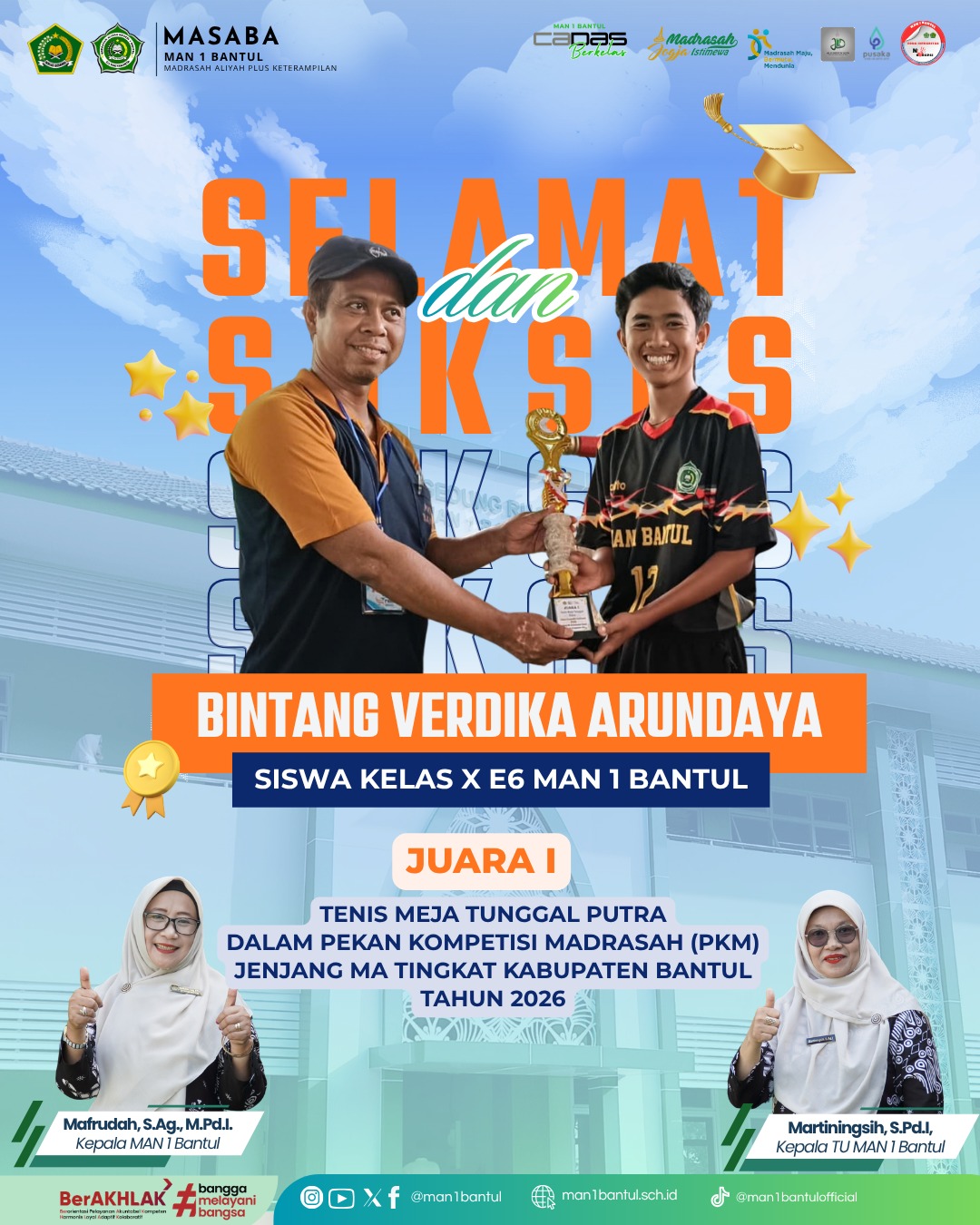 Gemilang di Meja Pertandingan, Bintang Verdika Arundaya Raih Juara 1 Tenis Meja Tunggal Putra PKM Bantul 2026